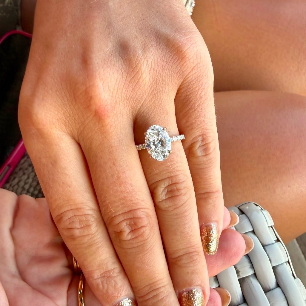 Classic Oval Cut Hidden Halo with Diamond Band - 3ct+ (11.5mm+, E/VS1+)