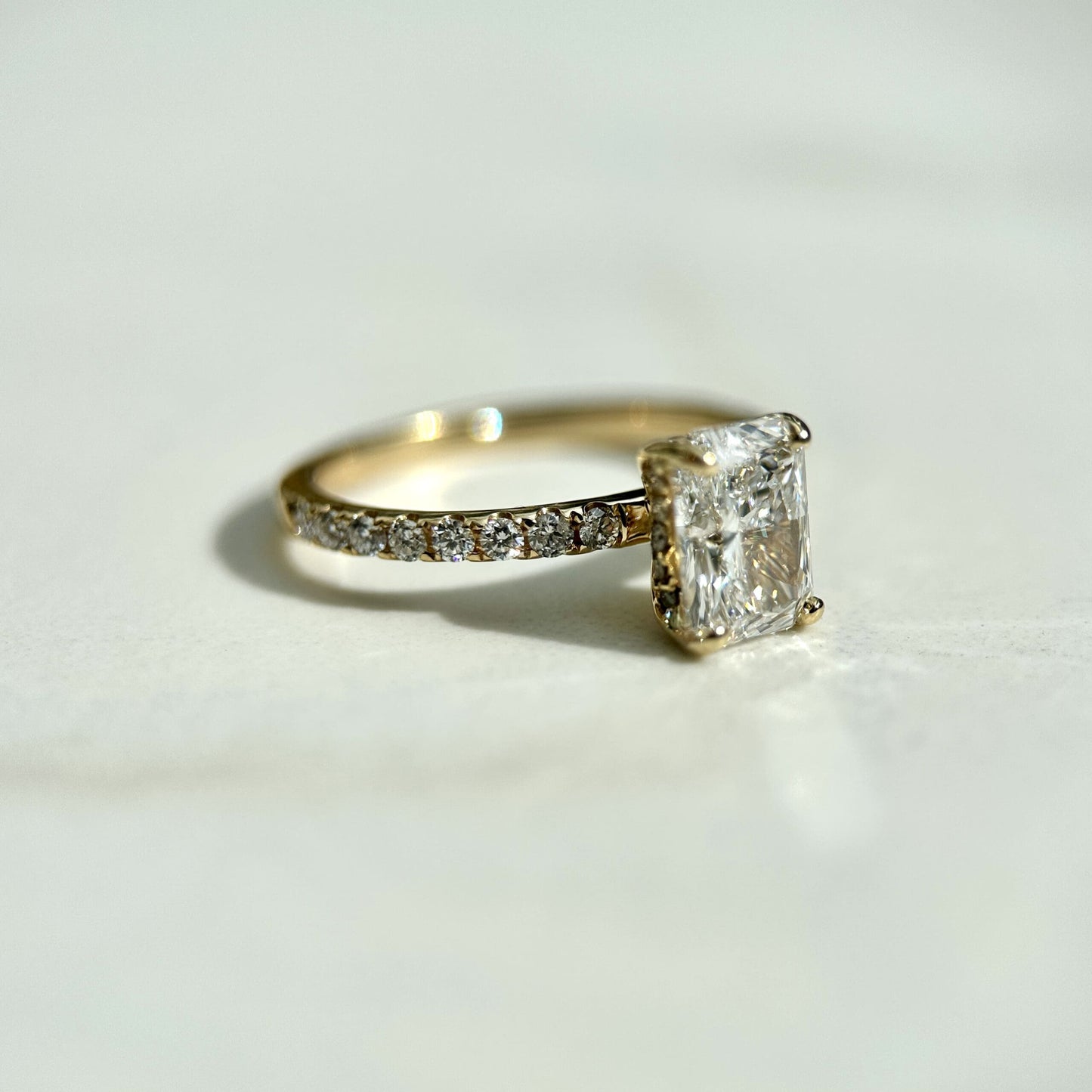 Classic Radiant Cut Hidden Halo with Diamond Band - 1.20ct+ (7.5mm+, D/E & VVS)