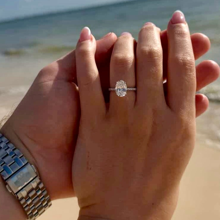 Classic Oval Cut Hidden Halo with Diamond Band - 2ct+ (10mm+, D/E & VVS)