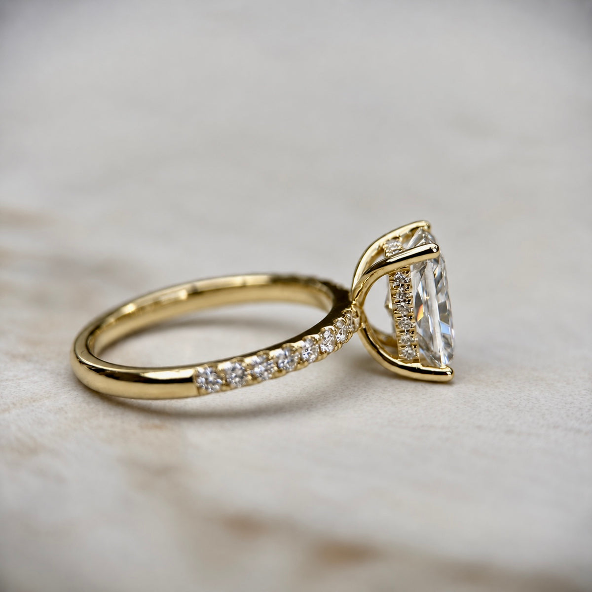 Classic Radiant Cut Hidden Halo with Diamond Band - 2ct+ (9mm+, D/E & VVS)