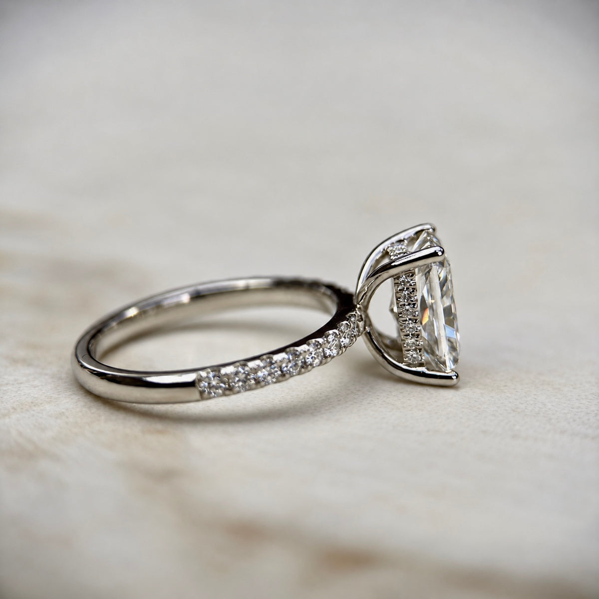Classic Radiant Cut Hidden Halo with Diamond Band - 2ct+ (9mm+, D/E & VVS)
