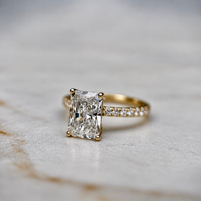 Classic Radiant Cut Hidden Halo with Diamond Band - 2ct+ (9mm+, D/E & VVS)
