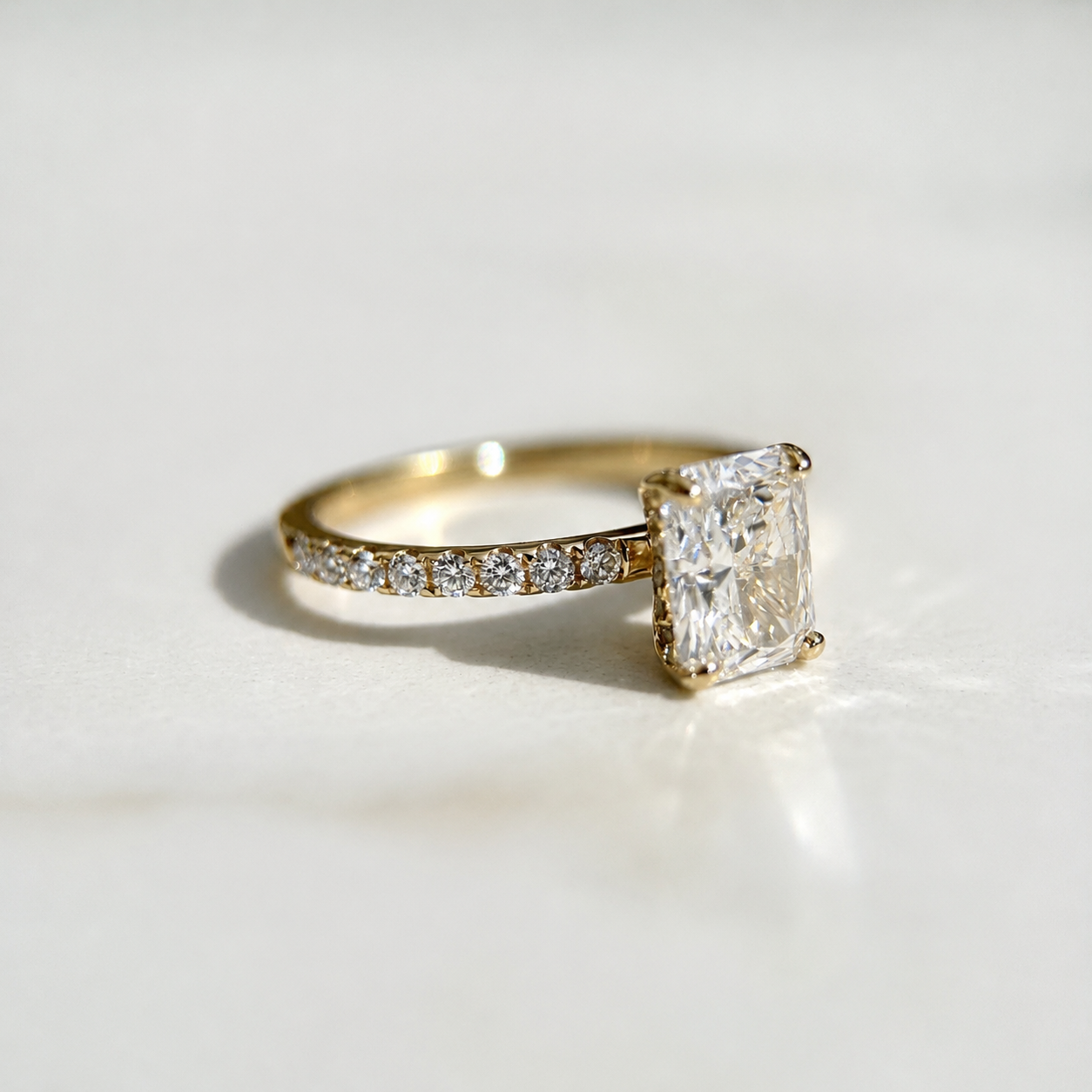 Classic Radiant Cut Hidden Halo with Diamond Band - 1.20ct+ (7.5mm+, D/E & VVS)