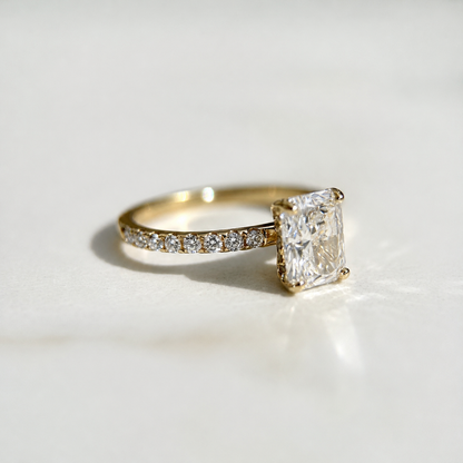 Classic Radiant Cut Hidden Halo with Diamond Band - 1.20ct+ (7.5mm+, D/E & VVS)