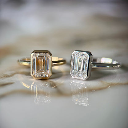 London Diamonds Bezel Set Classic Emerald Cut Solitaire - 2ct+ (10mm+, D/E & VVS)