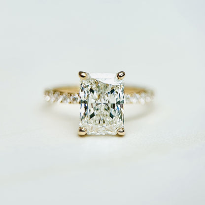 Classic Radiant Cut Hidden Halo with Diamond Band - 2ct+ (9mm+, D/E & VVS)