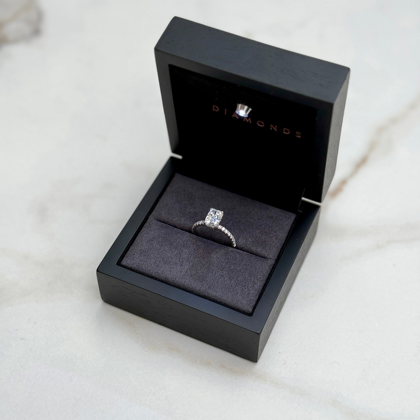 Classic Radiant Cut Hidden Halo with Diamond Band - 1.50ct+ (8mm+, D/E & VVS)