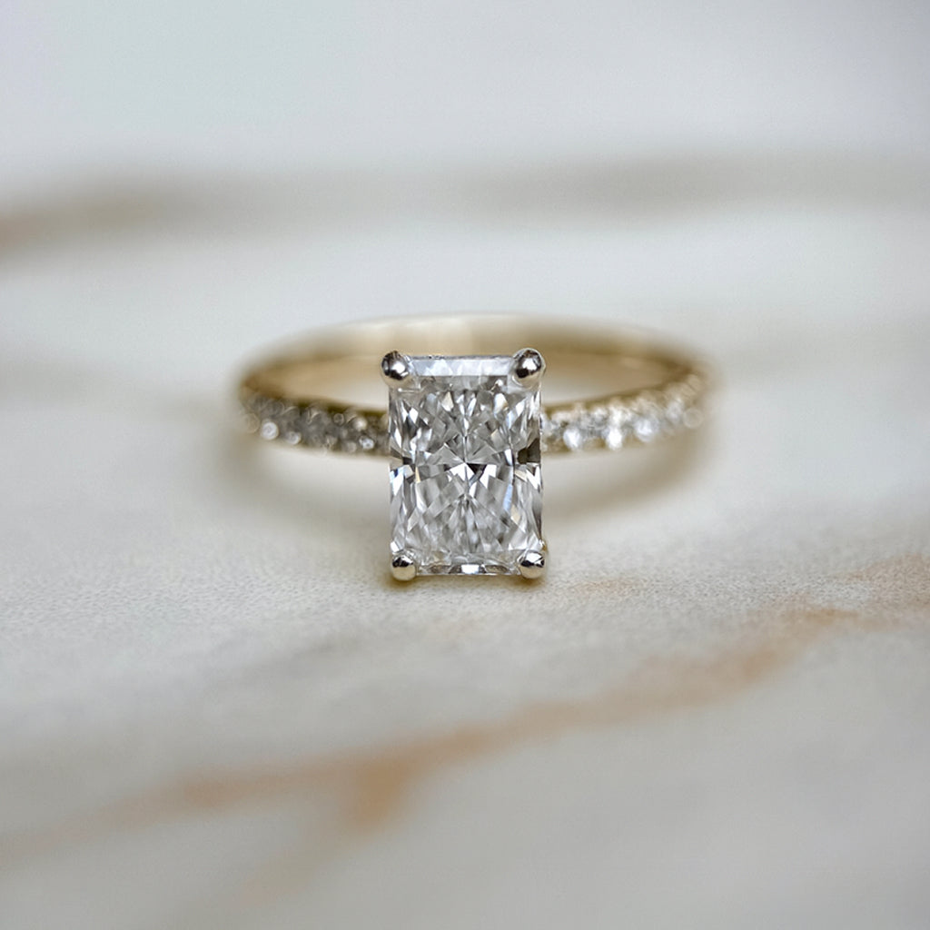 Classic Radiant Cut Hidden Halo with Diamond Band - 1.50ct+ (8mm+, D/E & VVS)