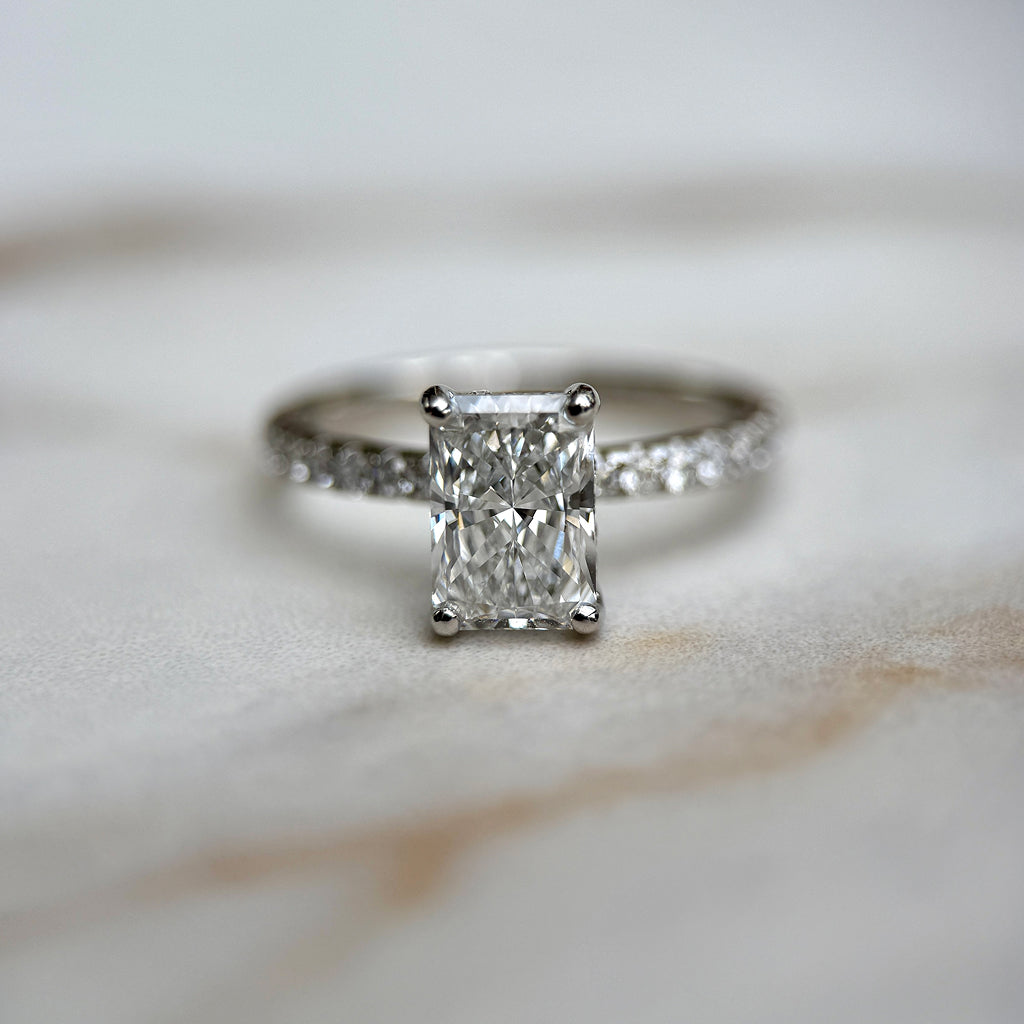 Classic Radiant Cut Hidden Halo with Diamond Band - 1.50ct+ (8mm+, D/E & VVS)