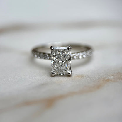 Classic Radiant Cut Hidden Halo with Diamond Band - 1.50ct+ (8mm+, D/E & VVS)