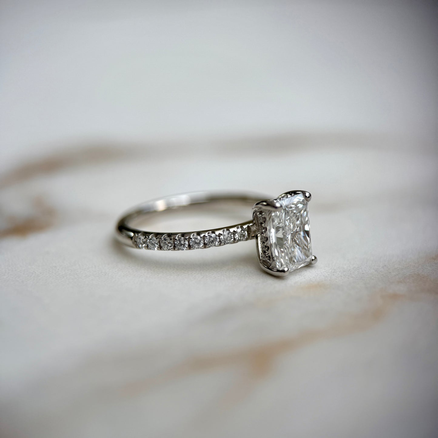 Classic Radiant Cut Hidden Halo with Diamond Band - 1.50ct+ (8mm+, D/E & VVS)