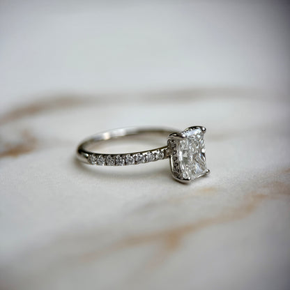 Classic Radiant Cut Hidden Halo with Diamond Band - 1.50ct+ (8mm+, D/E & VVS)