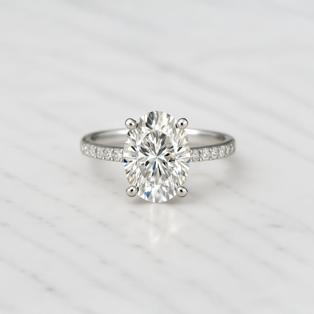 Classic Oval Cut Hidden Halo with Diamond Band - 2ct+ (10mm+, D/E & VVS)