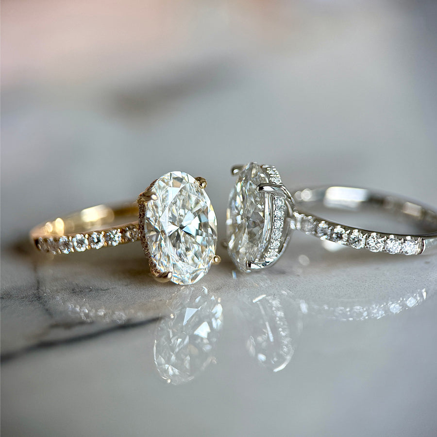 Classic Oval Cut Hidden Halo with Diamond Band - 3ct+ (11.5mm+, E/VS1+)