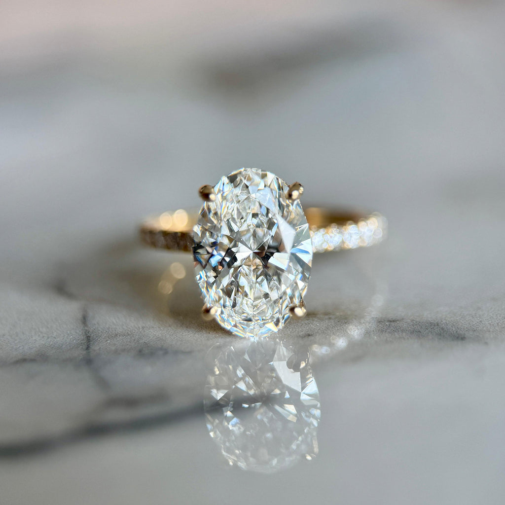 Classic Oval Cut Hidden Halo with Diamond Band - 3ct+ (11.5mm+, E/VS1+)