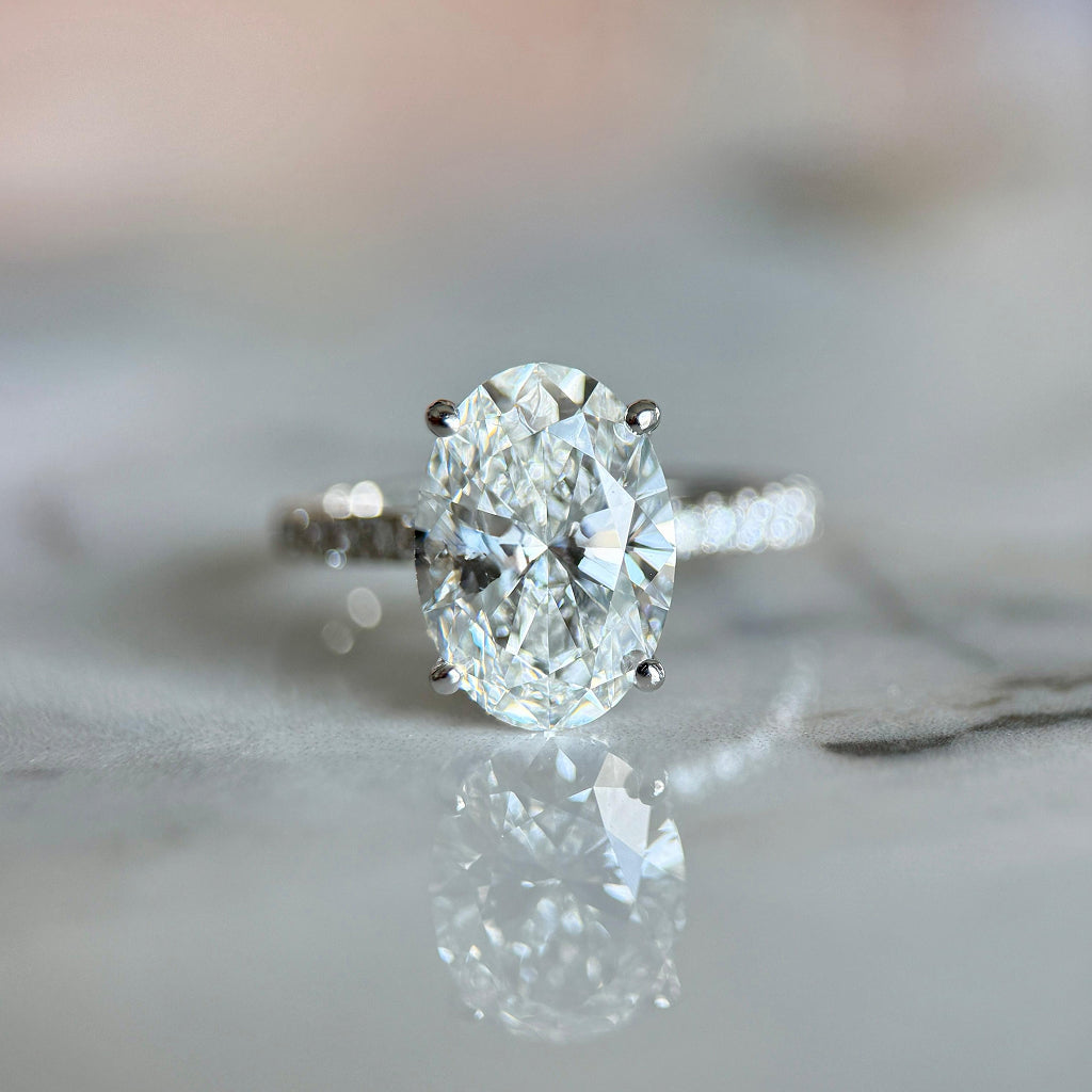 Classic Oval Cut Hidden Halo with Diamond Band - 3ct+ (11.5mm+, E/VS1+)