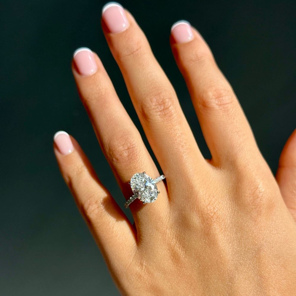 Classic Oval Cut Hidden Halo with Diamond Band - 4ct+ (13mm+, E/VS1+)