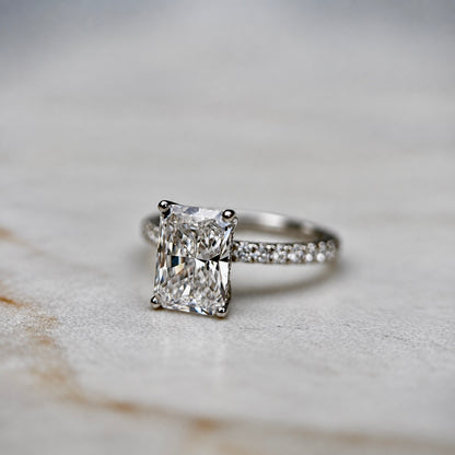 Classic Radiant Cut Hidden Halo with Diamond Band - 2ct+ (9mm+, D/E & VVS)