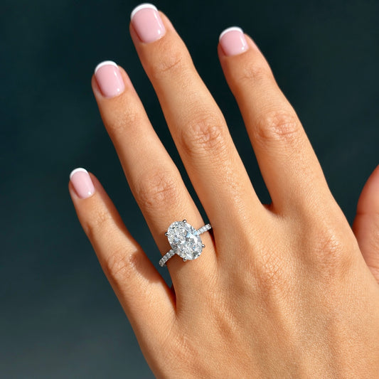 Classic Oval Cut Hidden Halo with Diamond Band - 4ct+ (13mm+, E/VS1+)