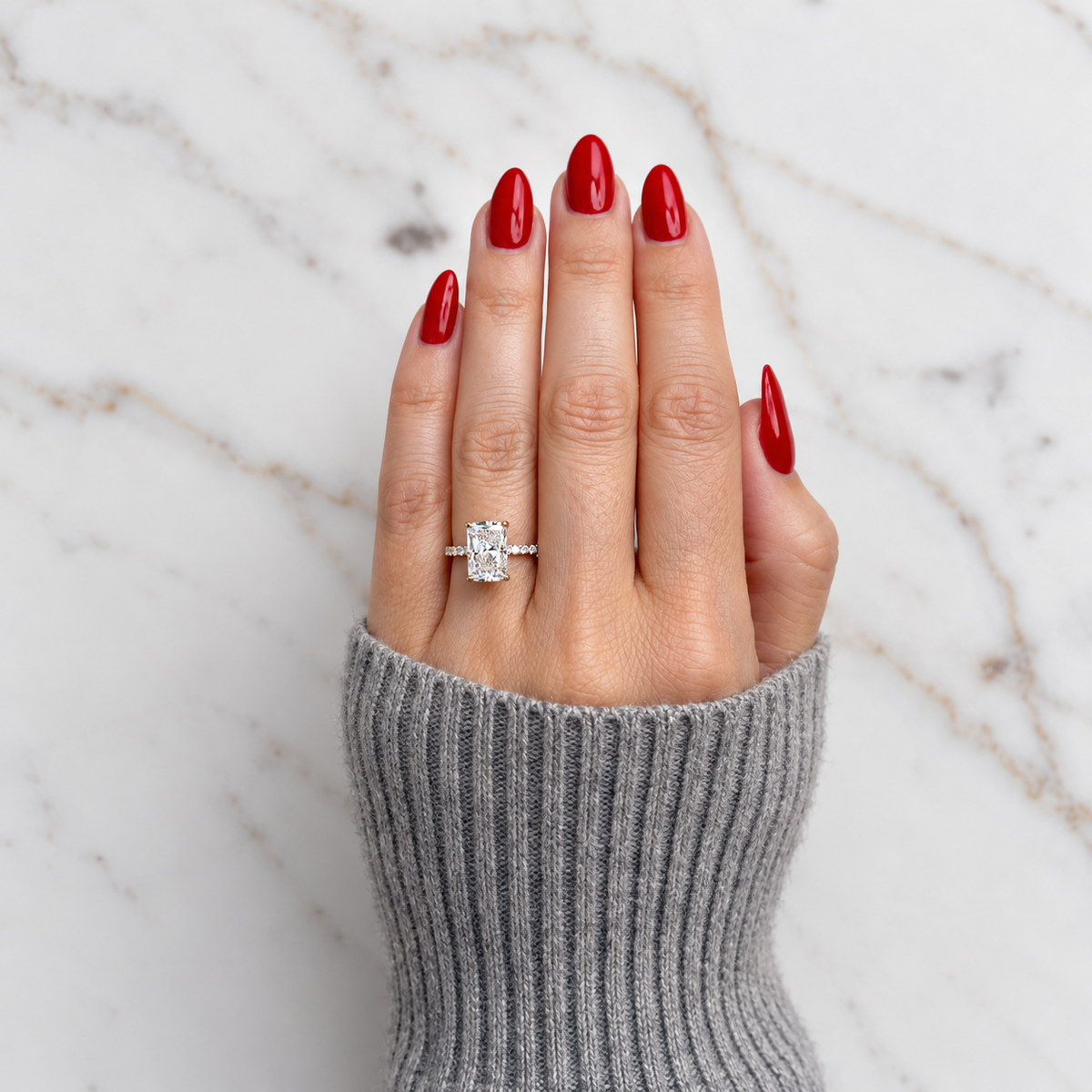 Classic Radiant Cut Hidden Halo with Diamond Band - 3ct+ (10mm+, D/E & VVS)