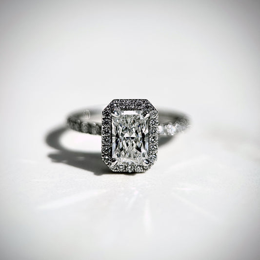 Classic Radiant Cut Halo with Diamond Band - 1.20ct+ (7.5mm+, D/E & VVS)