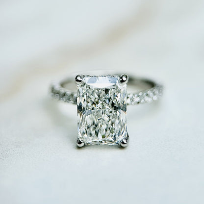 Classic Radiant Cut Hidden Halo with Diamond Band - 3ct+ (10mm+, D/E & VVS)