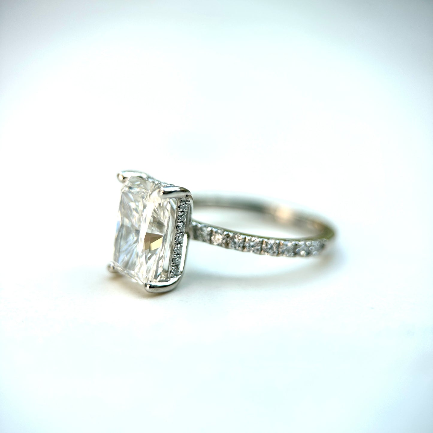 Classic Radiant Cut Hidden Halo with Diamond Band - 3ct+ (10mm+, D/E & VVS)