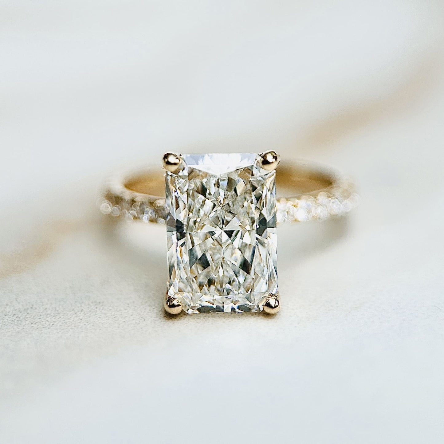 Classic Radiant Cut Hidden Halo with Diamond Band - 3ct+ (10mm+, D/E & VVS)