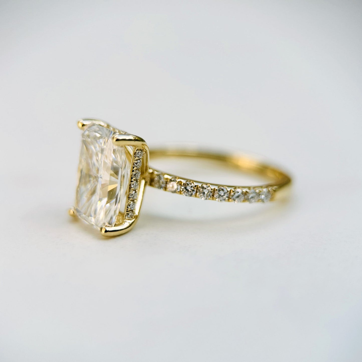 Classic Radiant Cut Hidden Halo with Diamond Band - 3ct+ (10mm+, D/E & VVS)